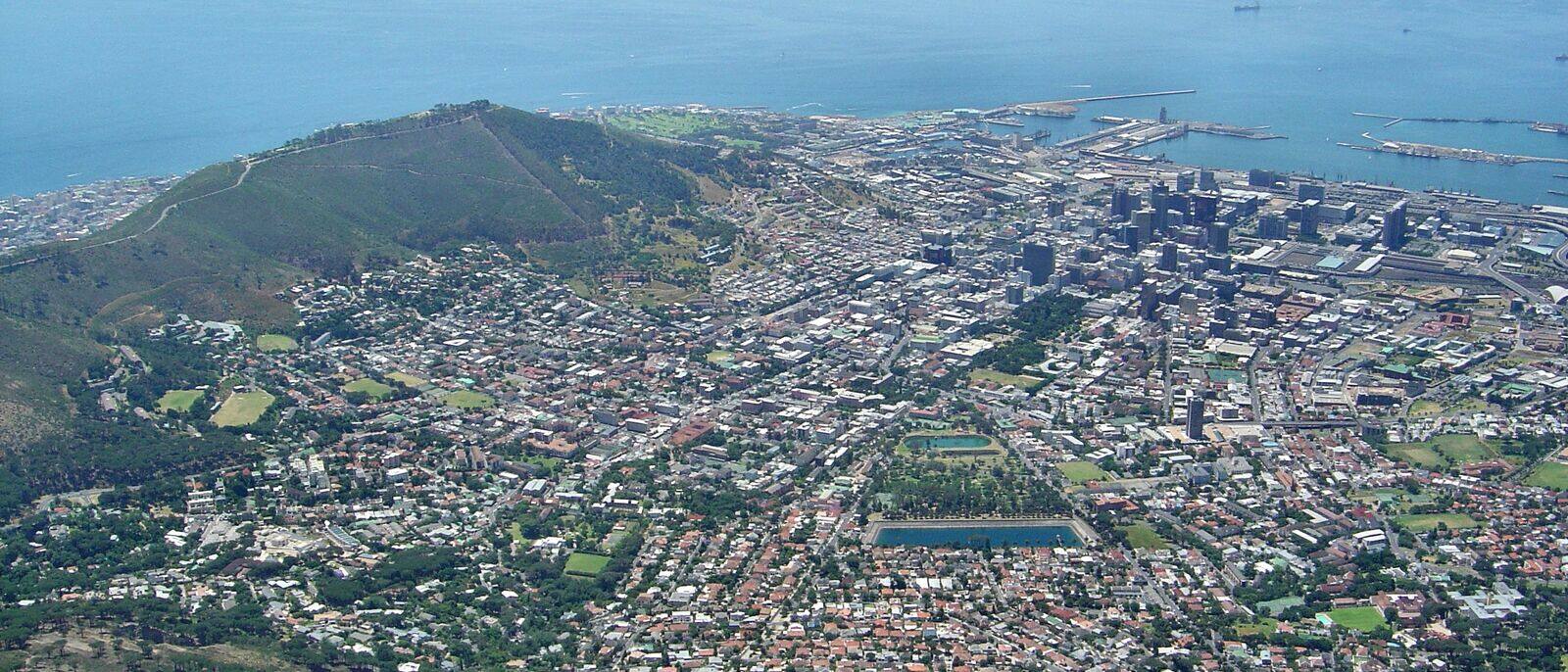 Rooftops of the Cape Town city bowl and harbour seen from the slopes of Table Mountain